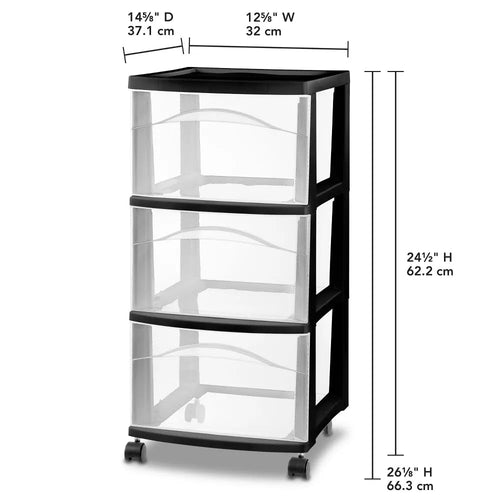 3 Tier Medium Storage Stroller, Black Frame with Clear Drawer I940