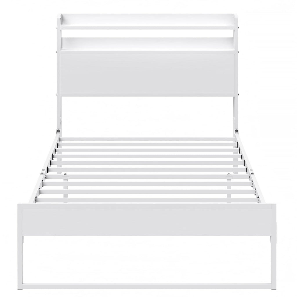White Metal Twin Bed Frame with 2-Tier Storage Headboard H5039