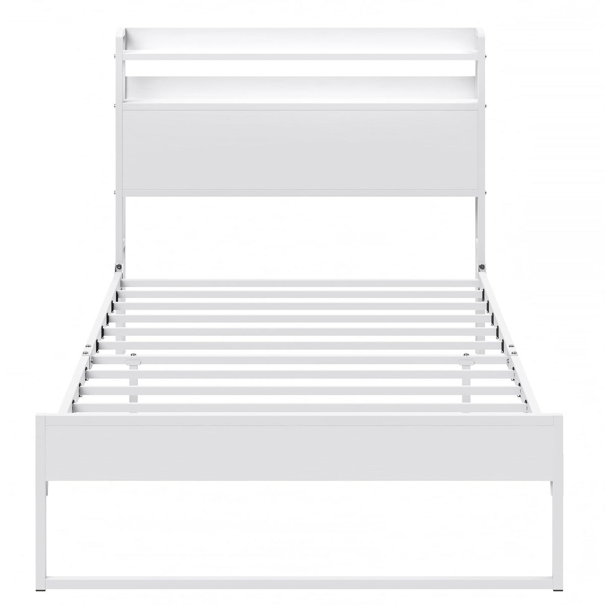 White Metal Twin Bed Frame with 2-Tier Storage Headboard H5039
