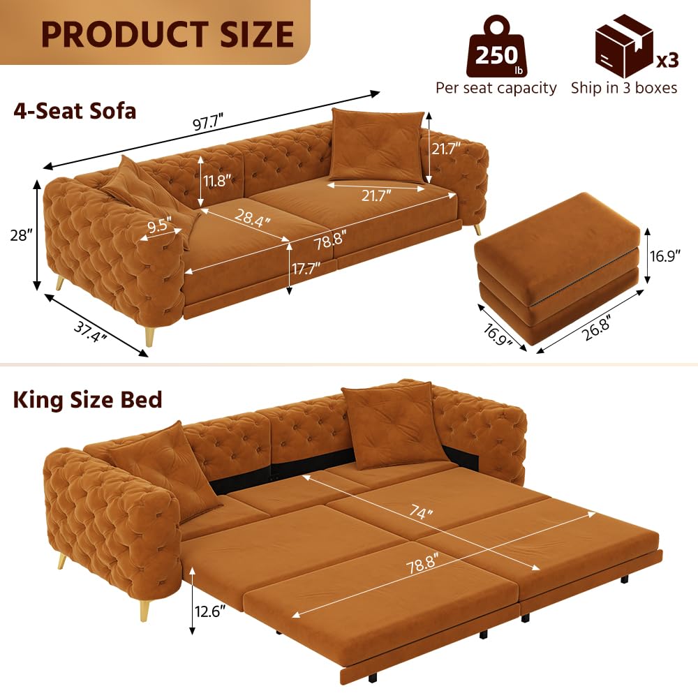 Orange Velvet 3 in 1 Convertible Sleeper Sofa O1314