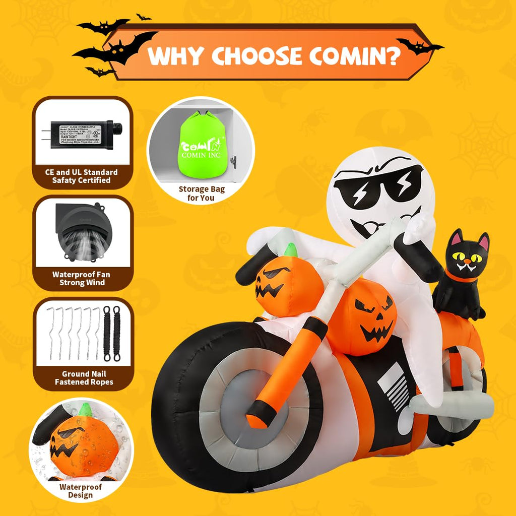 6 FT Halloween Inflatables Ghost Pumpkin Cat Motorcycle with Built-in LEDs J56239