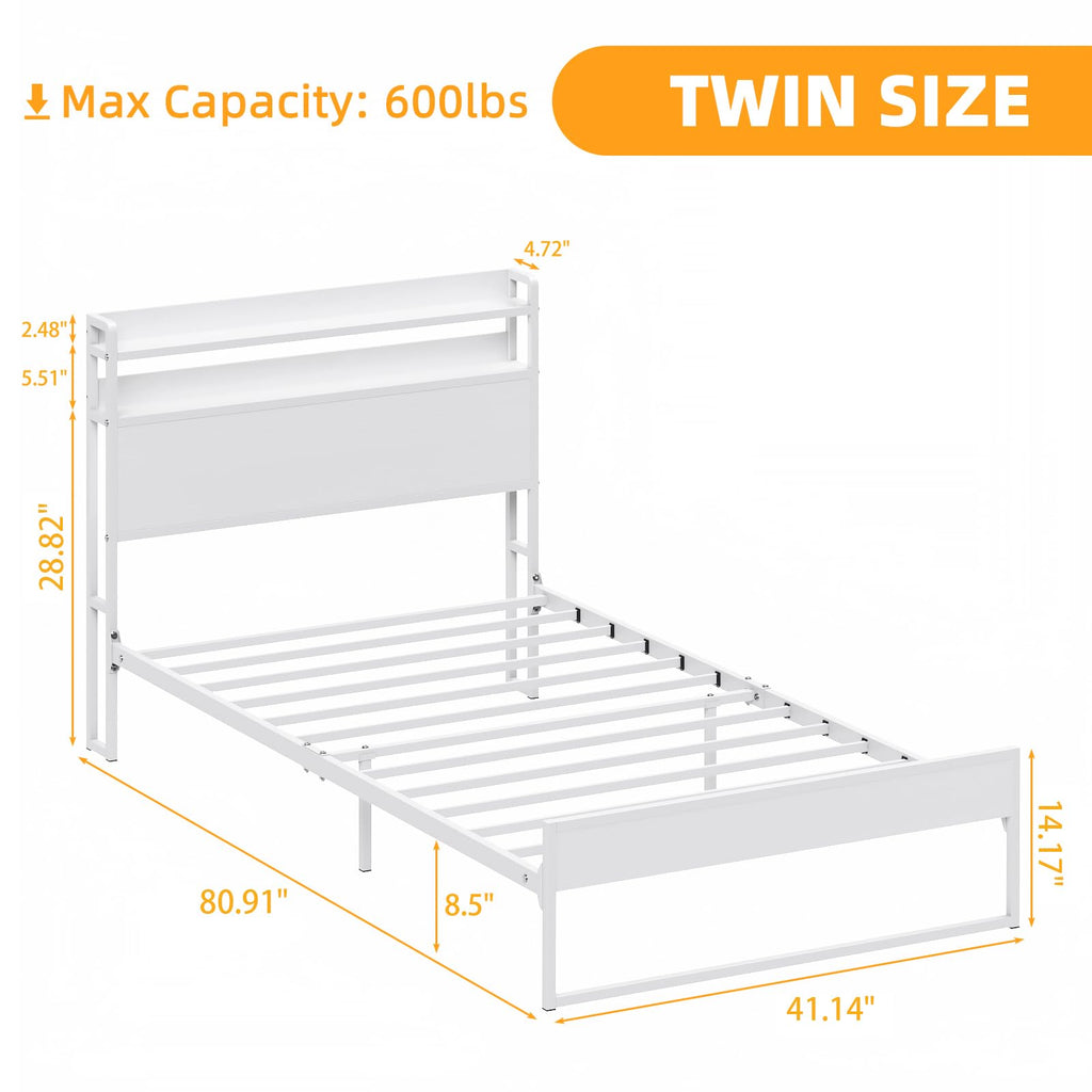 White Metal Twin Bed Frame with 2-Tier Storage Headboard H5039