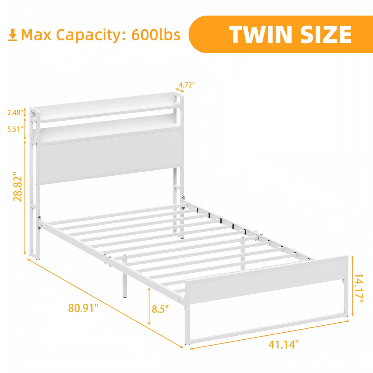 White Metal Twin Bed Frame with 2-Tier Storage Headboard H5039