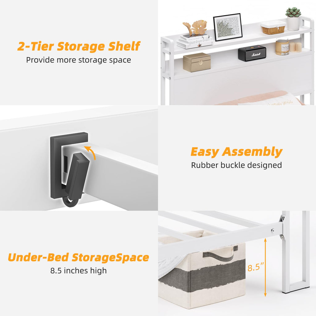 White Metal Twin Bed Frame with 2-Tier Storage Headboard H5039