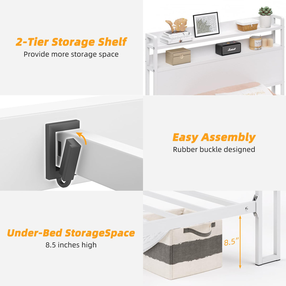 White Metal Twin Bed Frame with 2-Tier Storage Headboard H5039