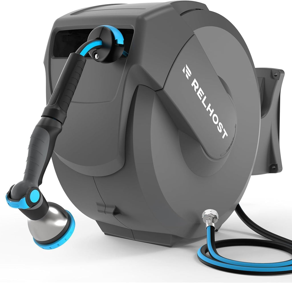 Retractable Garden Hose Reel, 1/2 in x 100 ft Wall Mount Heavy Duty with 10-Pattern Nozzle, Dark Grey Q552