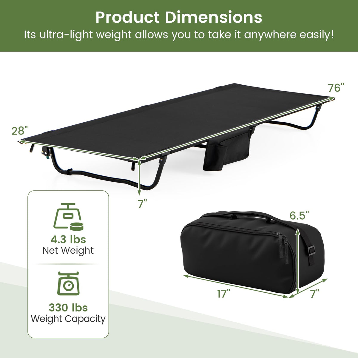 Folding Camping Cot with Carrying Bag & Side Pocket X829690