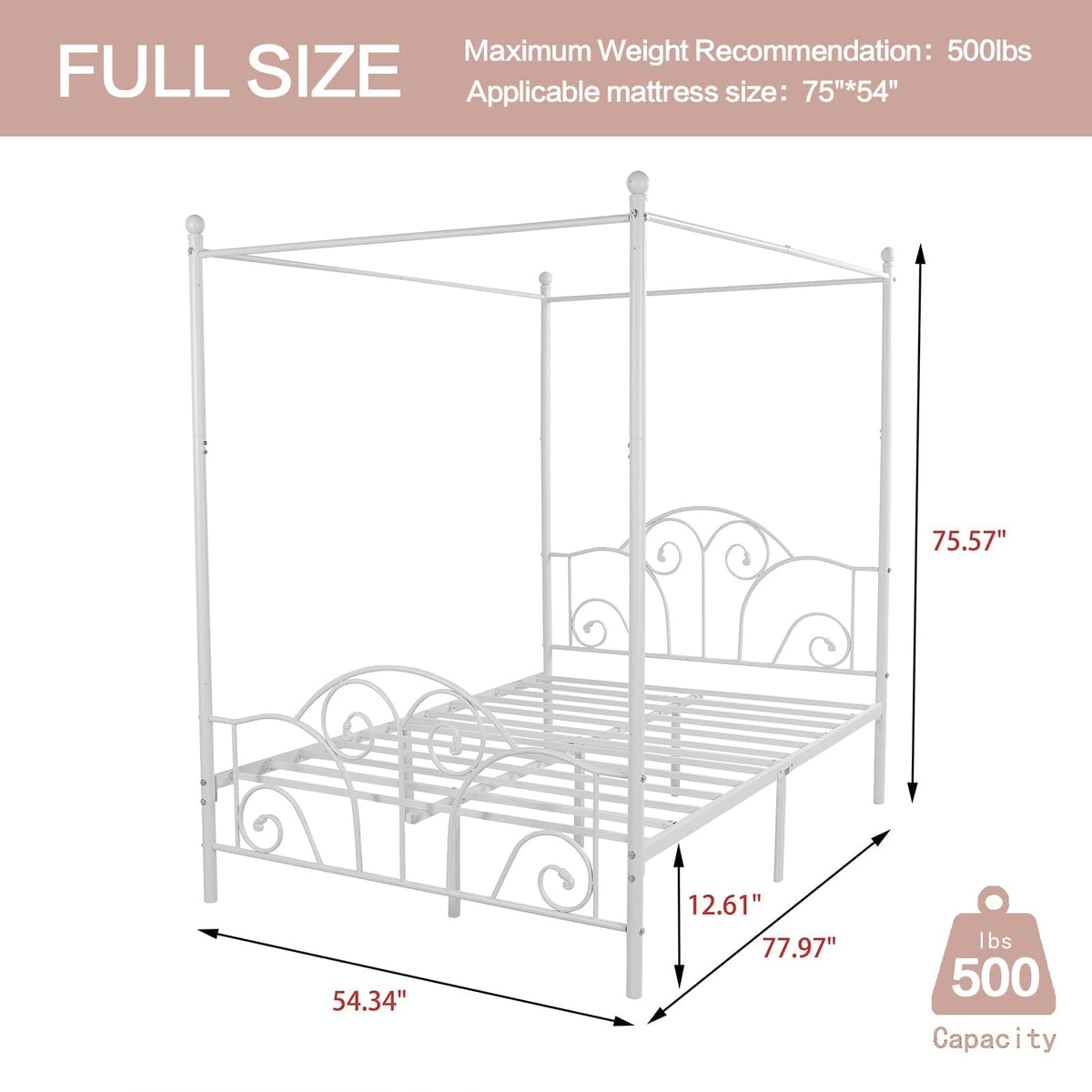 Metal Canopy Bed Frame Full Size with Headboard & Footboard Q92058