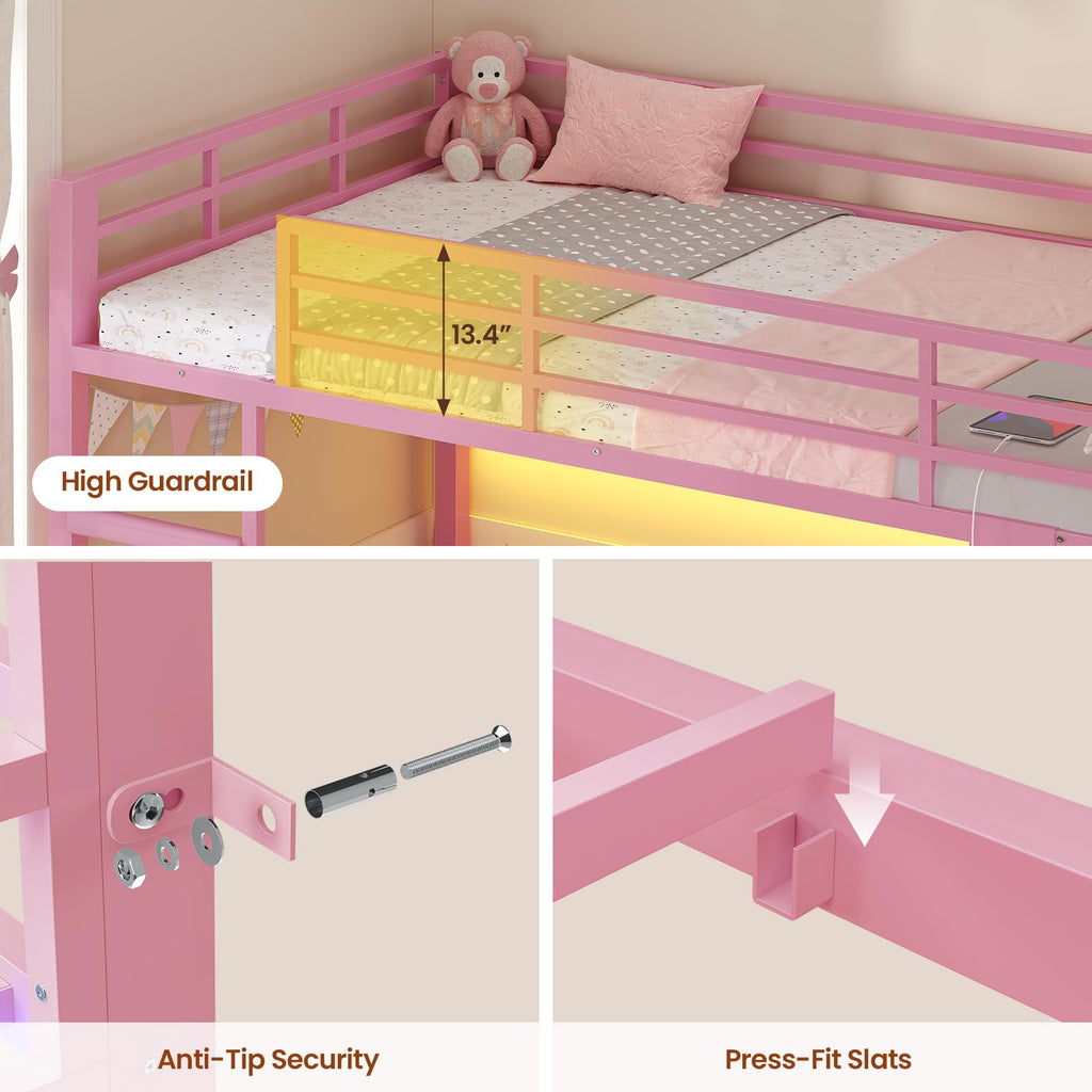 Pink Twin Over Twin Bunk Bed with Bookshelf & Storage Drawer Q121