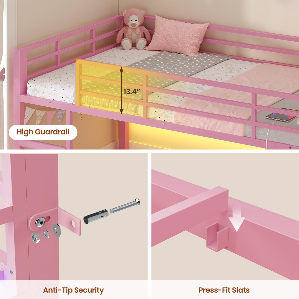 Pink Twin Over Twin Bunk Bed with Bookshelf & Storage Drawer Q121