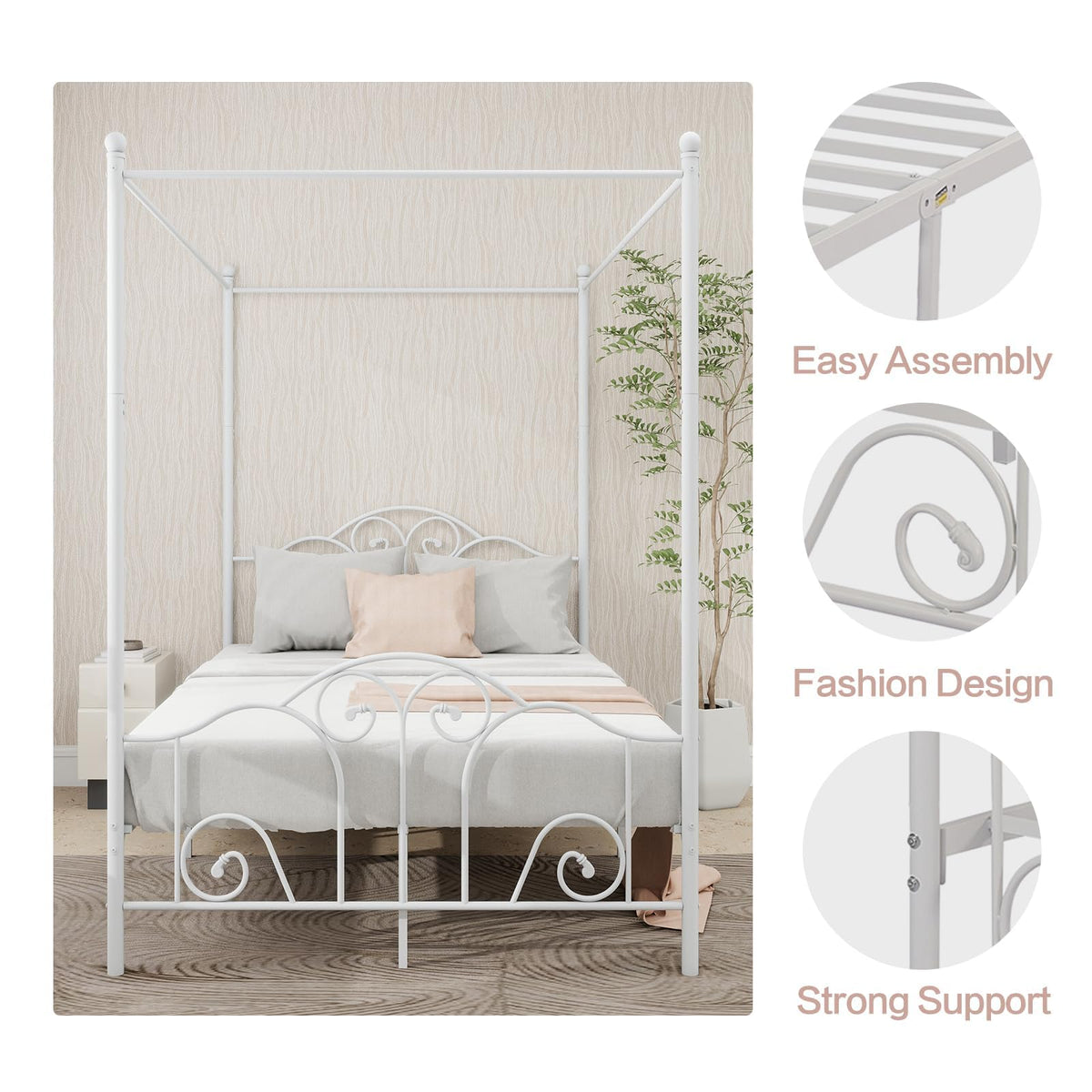 Metal Canopy Bed Frame Full Size with Headboard & Footboard Q92058