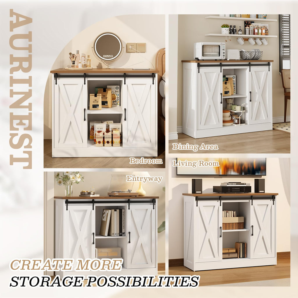 Rustic White Coffee Bar Cabinet with Sliding Barn Doors L8557