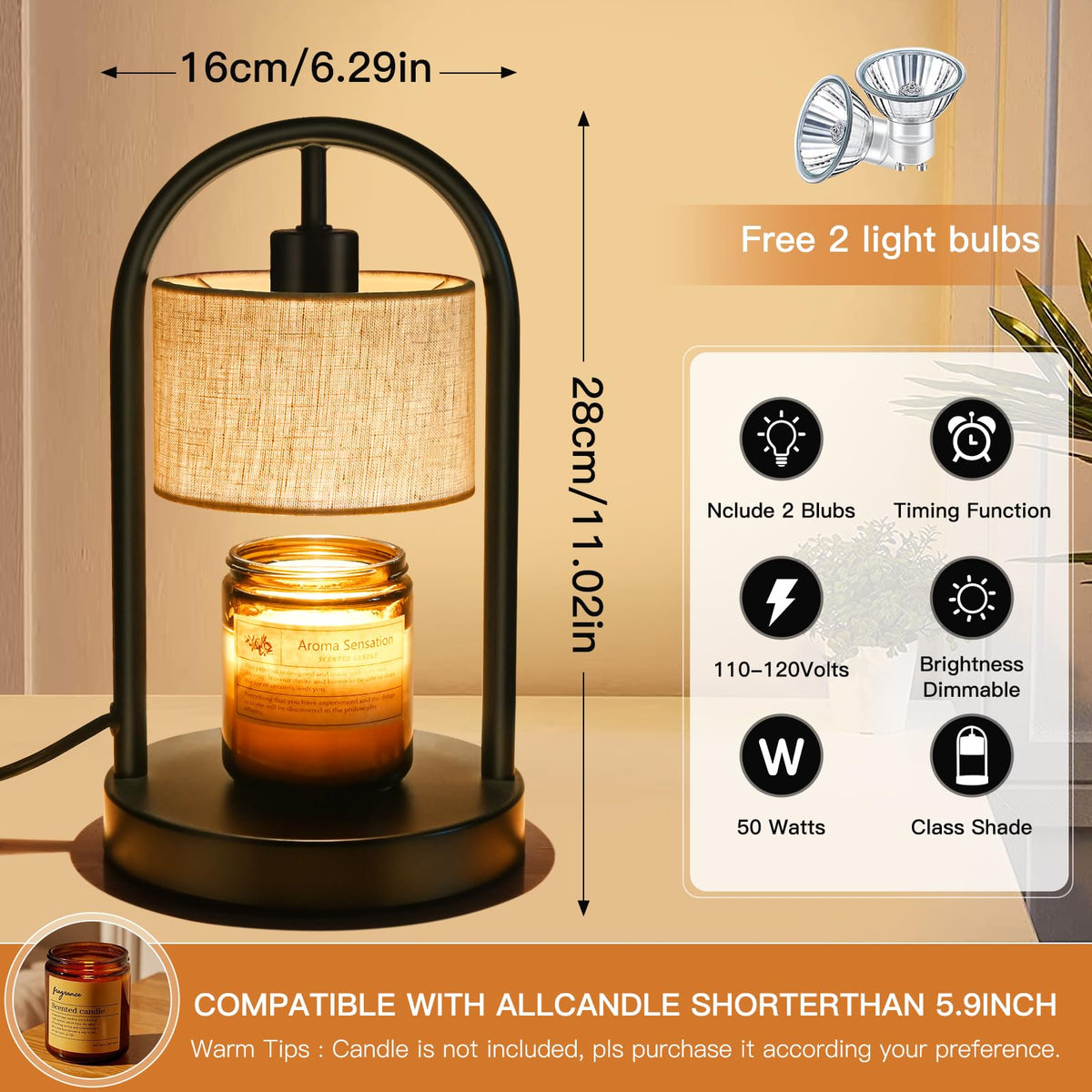 Dimmable Candle Warmer Lamp with Timer and 2 Bulbs F539318