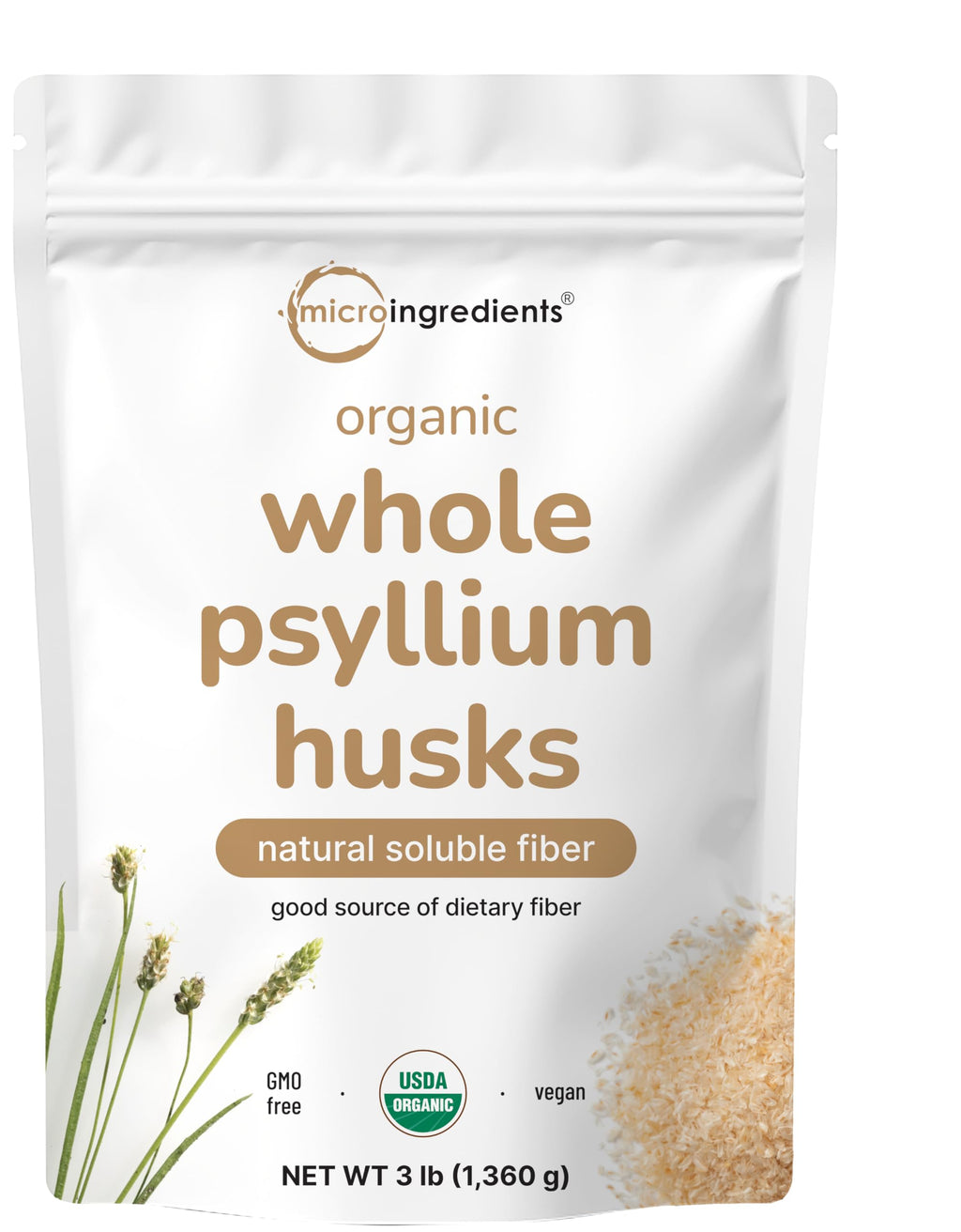 Organic Whole Psyllium Husks 3lbs Unflavored Soluble Fiber Supplement A95312