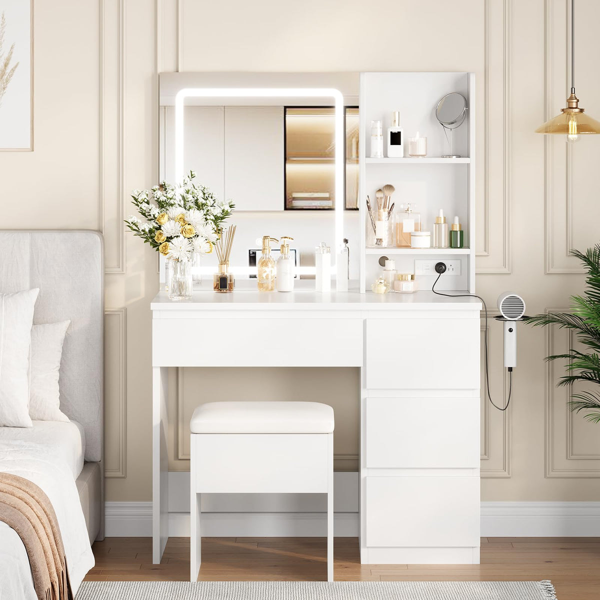 White Vanity Desk with Mirror and LED Light G988470
