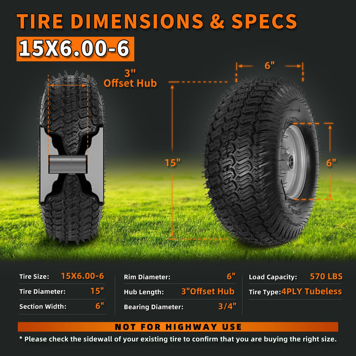 2 Pack 15x6.00-6nhs Tubeless Lawn Mower Tires and Wheel B445896