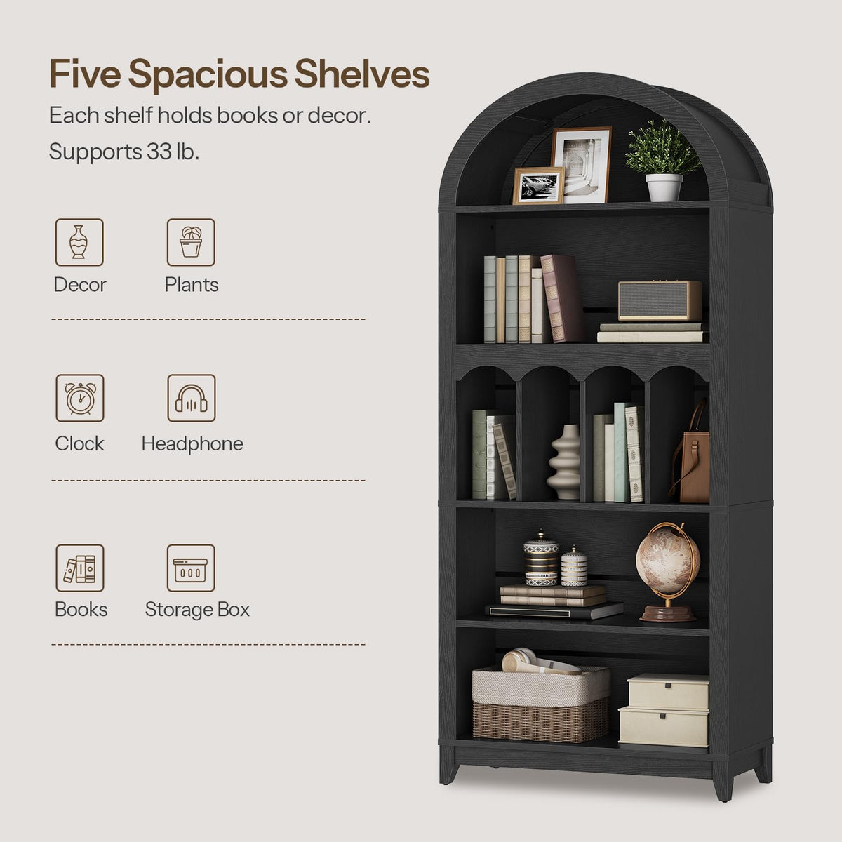 70.9" Tall Arched Wooden Bookcase I63686