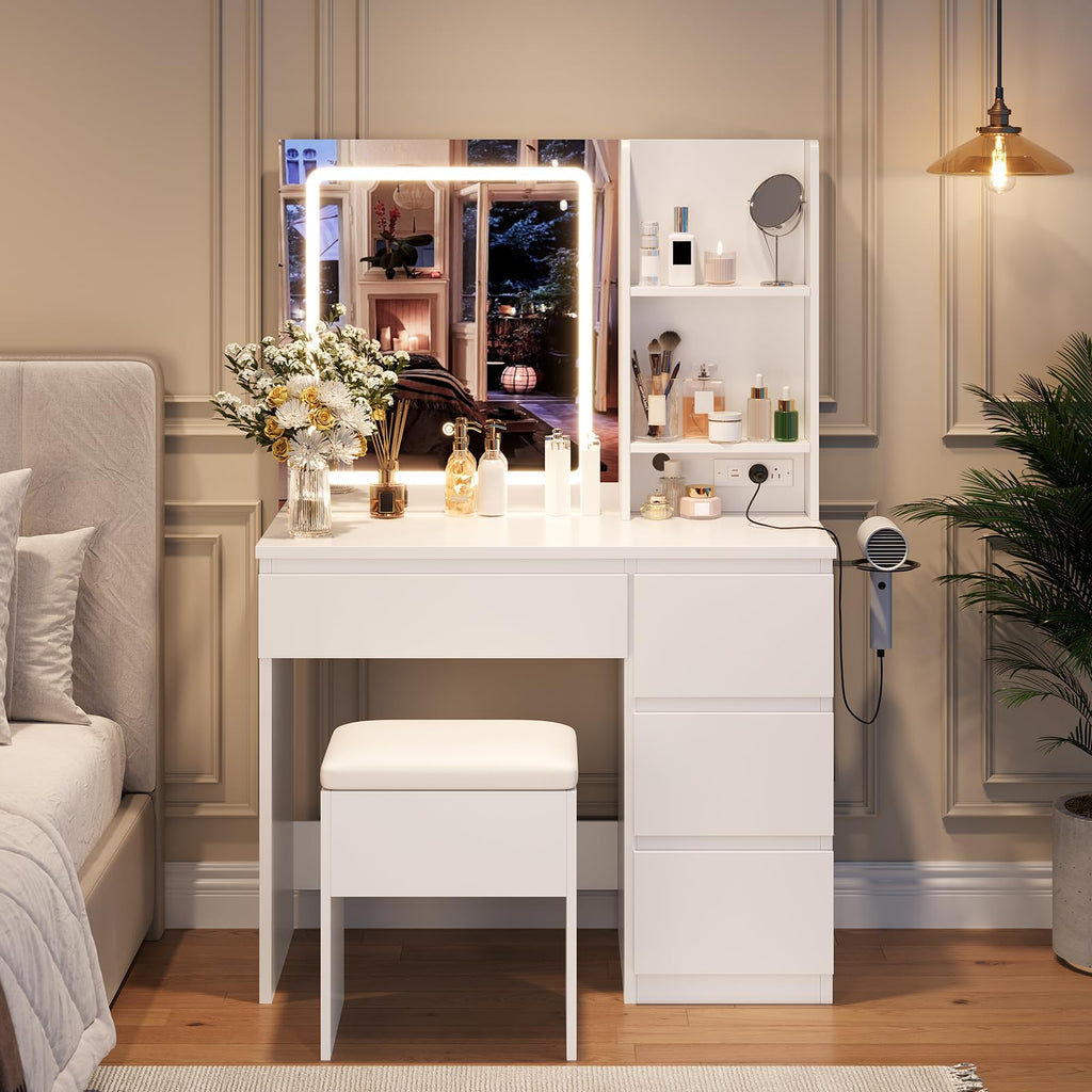 White Vanity Desk with Mirror and LED Light G988470