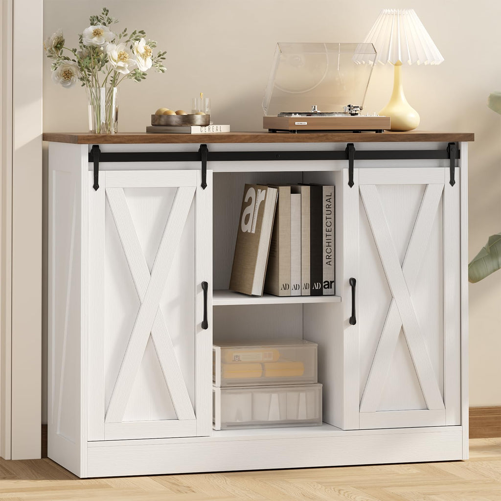 Rustic White Coffee Bar Cabinet with Sliding Barn Doors L8557