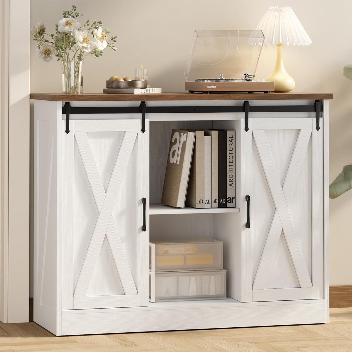 Rustic White Coffee Bar Cabinet with Sliding Barn Doors L8557