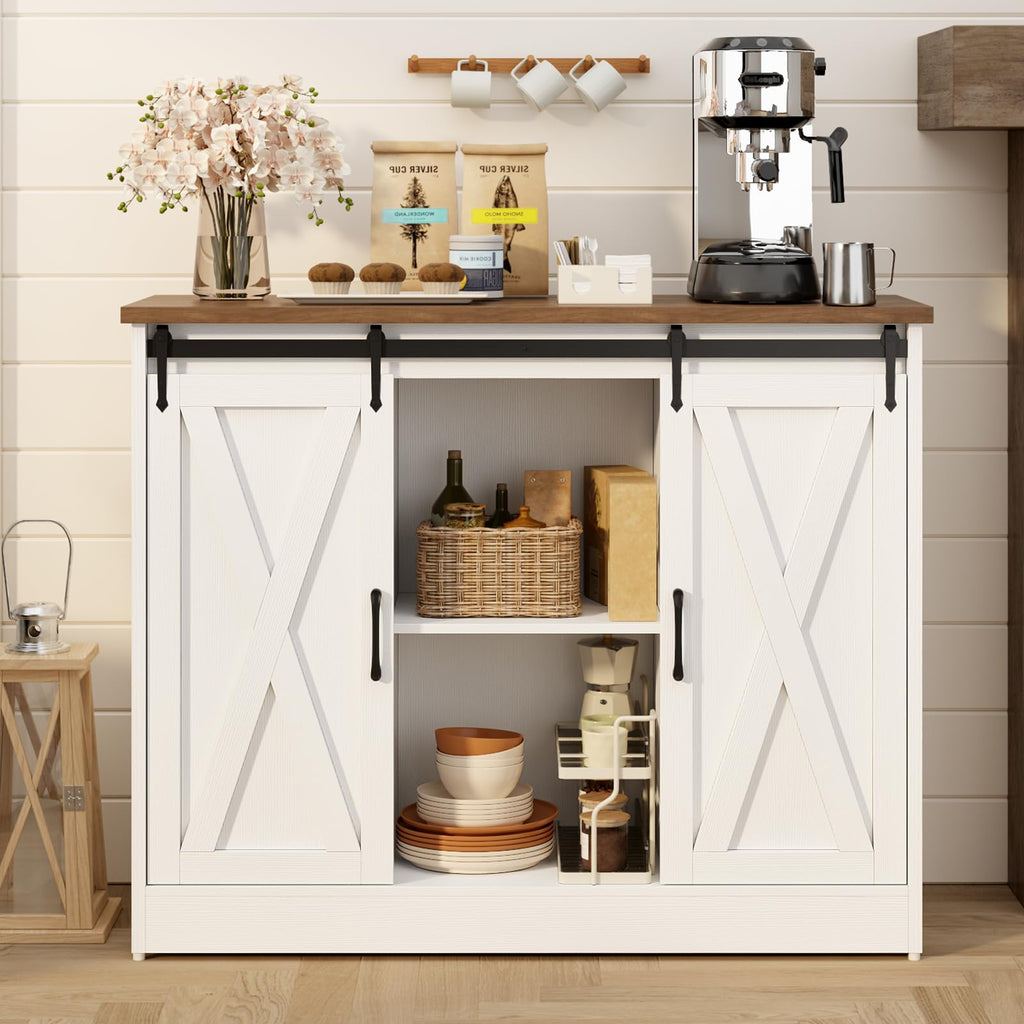 Rustic White Coffee Bar Cabinet with Sliding Barn Doors L8557