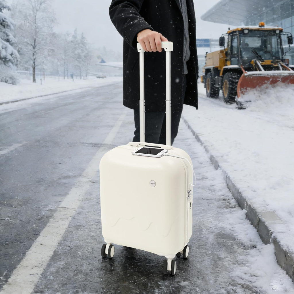Pearl White 18In Hardside Rolling Suitcase with Cup Holder & USB Port M1625
