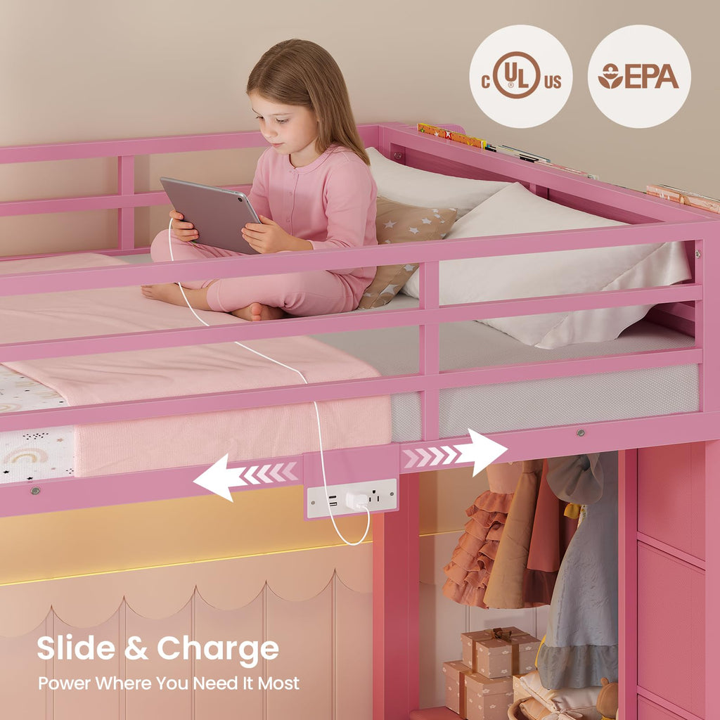 Pink Twin Over Twin Bunk Bed with Bookshelf & Storage Drawer Q121