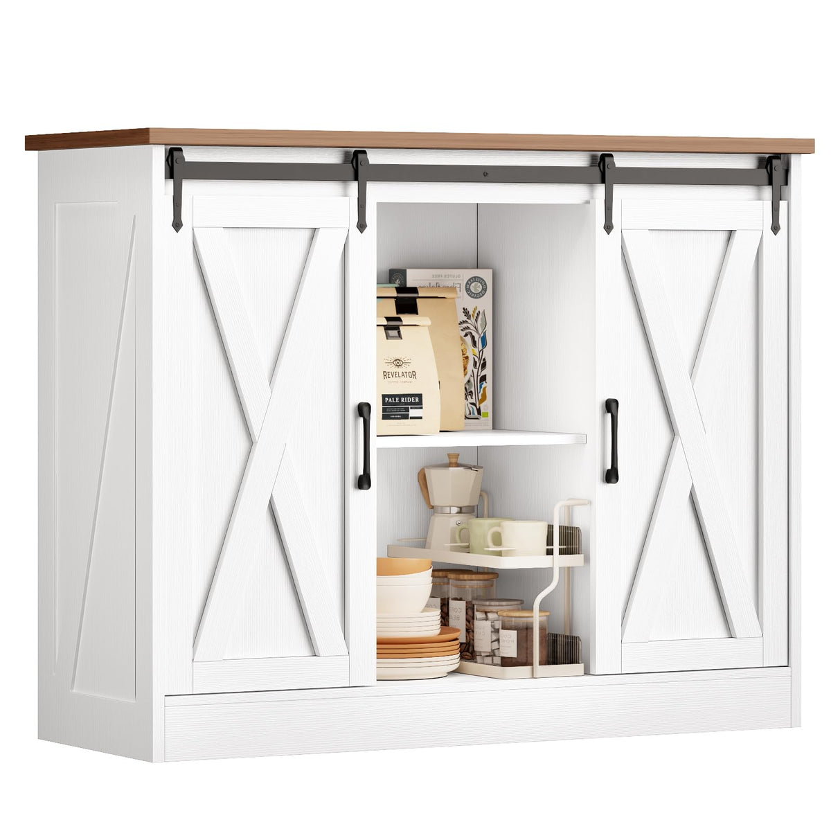Rustic White Coffee Bar Cabinet with Sliding Barn Doors L8557