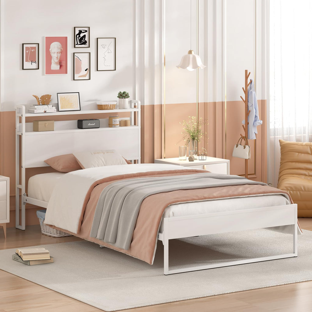 White Metal Twin Bed Frame with 2-Tier Storage Headboard H5039