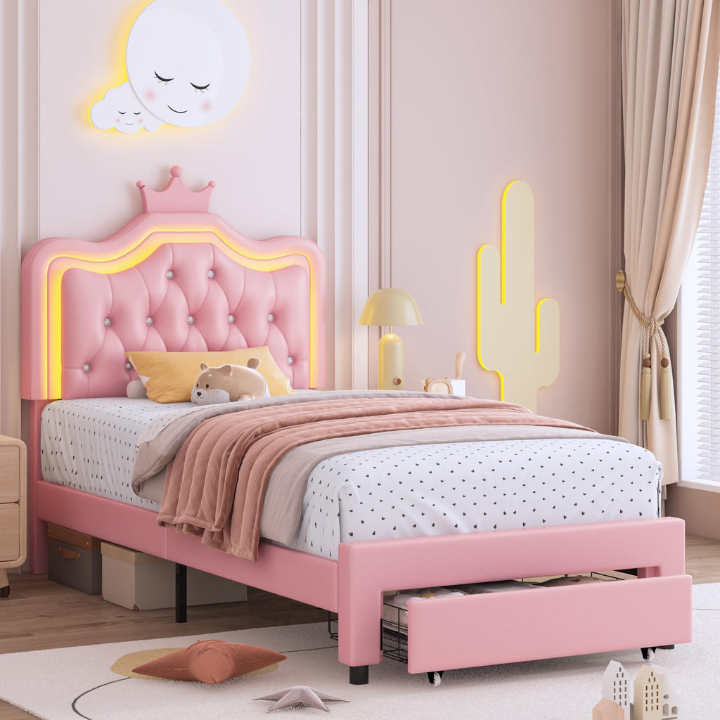 Pink Twin Upholstered Platform Bed Frame with Storage Drawer V500