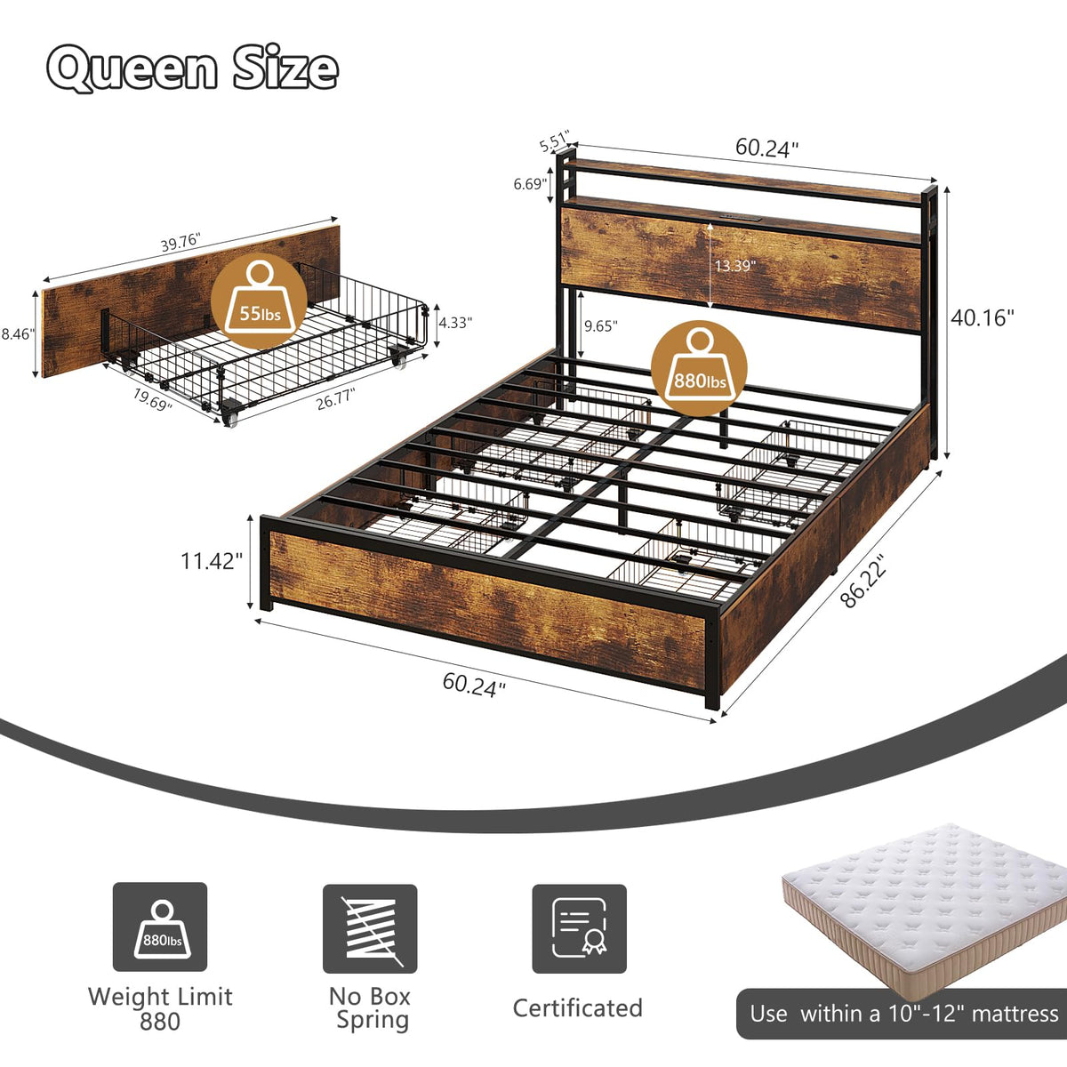 Queen Bed Frame with 4 Storage Drawers and Headboard D907