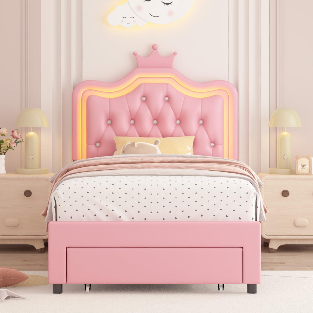 Pink Twin Upholstered Platform Bed Frame with Storage Drawer V500