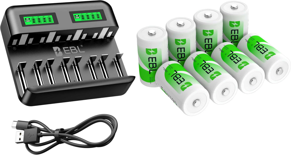 AA AAA C D Rechargeable Battery Charger with 8 PCS Batteries Z6559