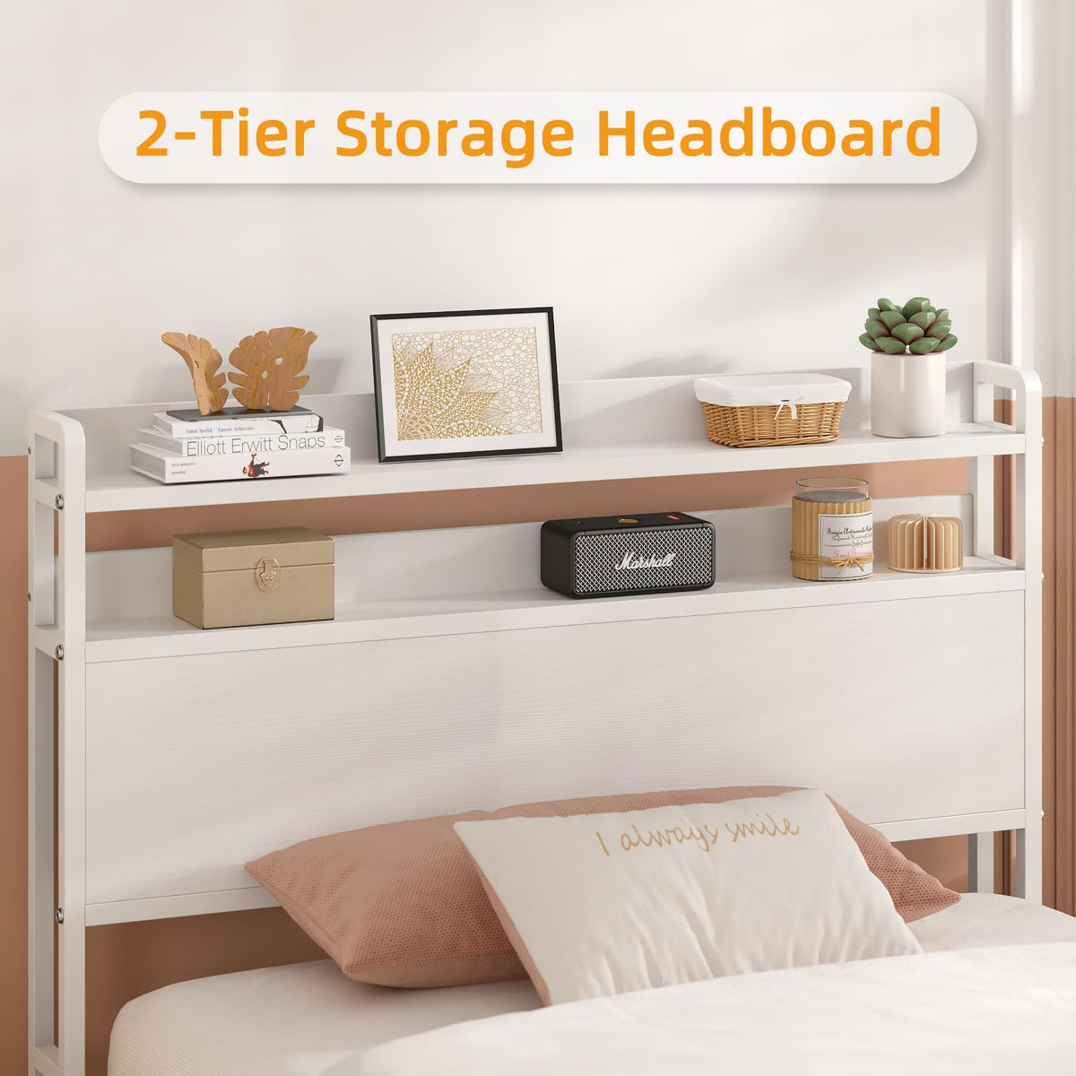 White Metal Twin Bed Frame with 2-Tier Storage Headboard H5039