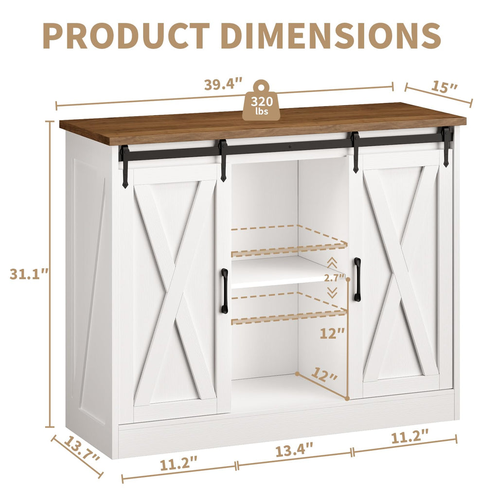 Rustic White Coffee Bar Cabinet with Sliding Barn Doors L8557