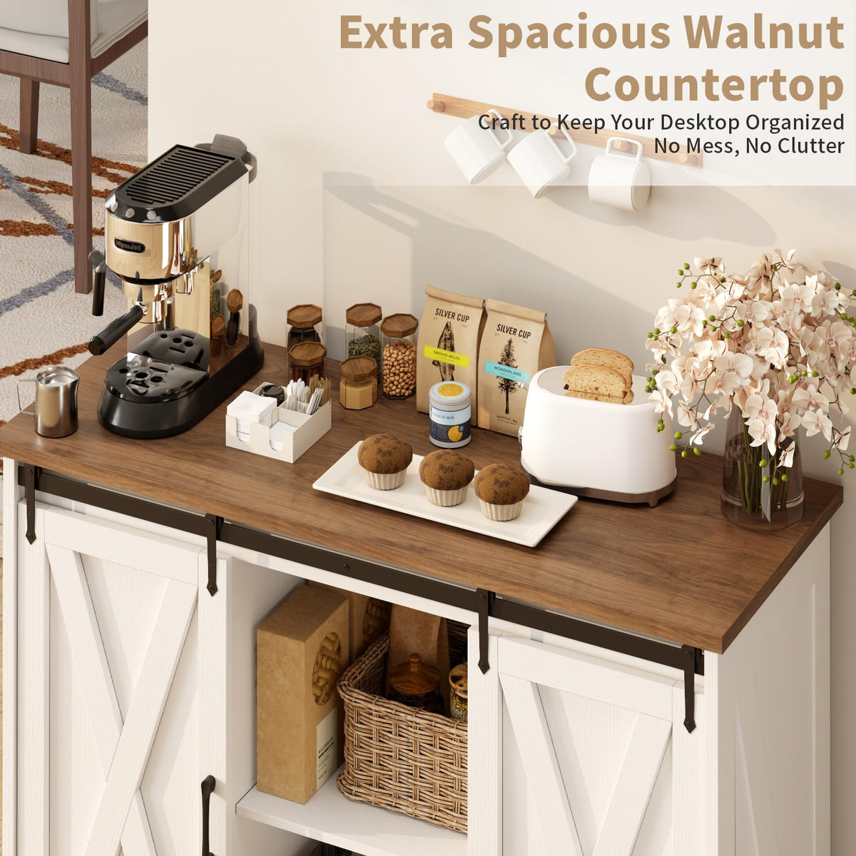 Rustic White Coffee Bar Cabinet with Sliding Barn Doors L8557