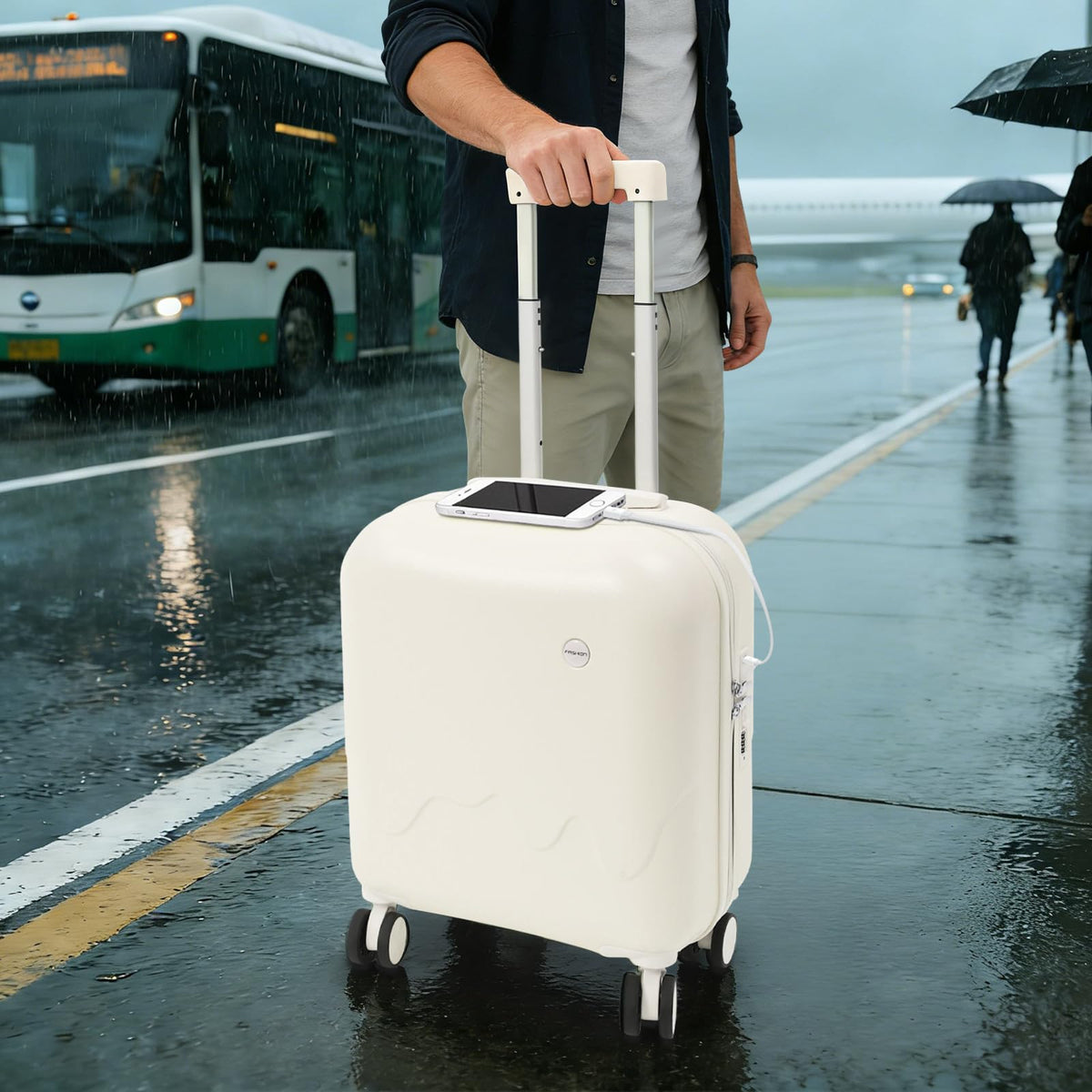 Pearl White 18In Hardside Rolling Suitcase with Cup Holder & USB Port M1625