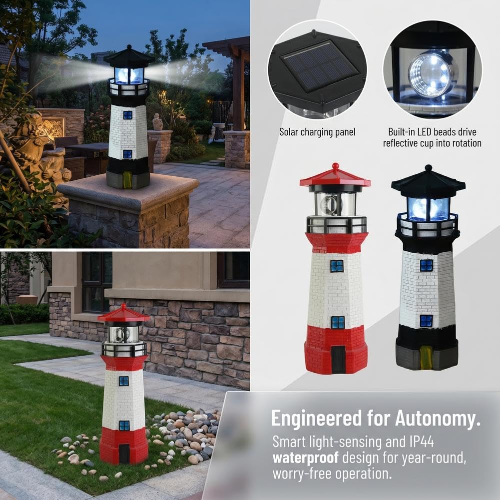 10.9in Resin Waterproof Solar-Powered Lighthouse Statue J984026