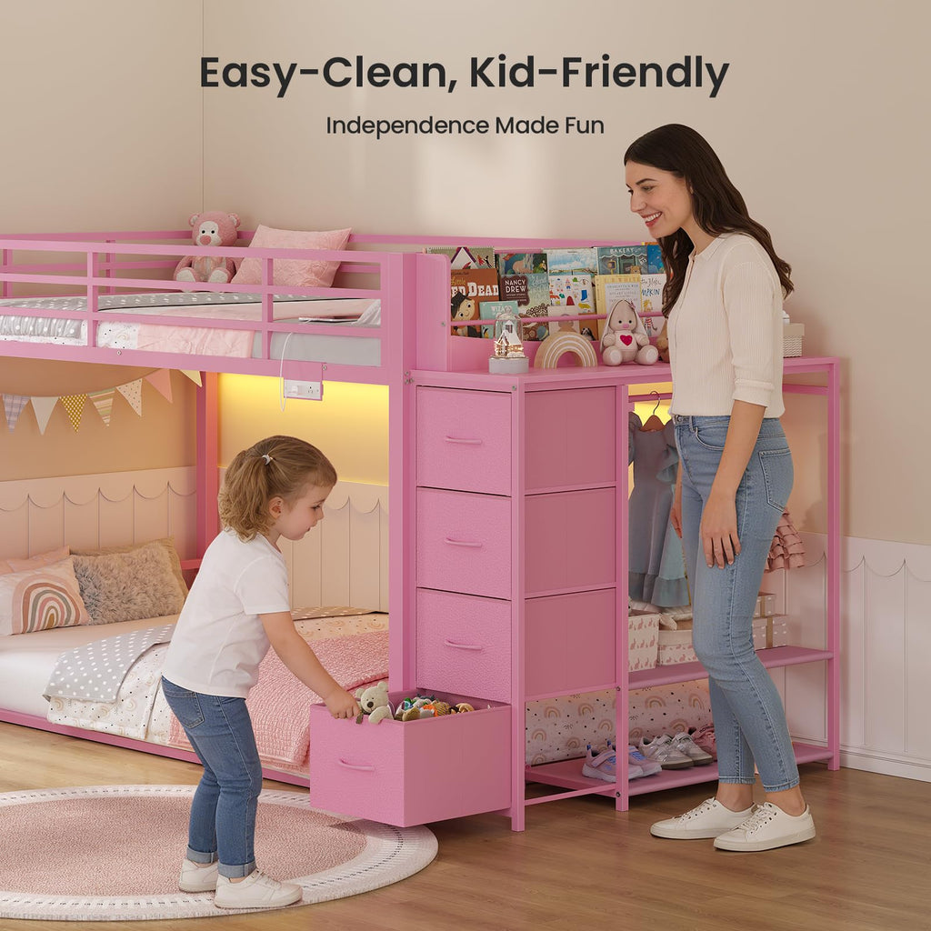 Pink Twin Over Twin Bunk Bed with Bookshelf & Storage Drawer Q121