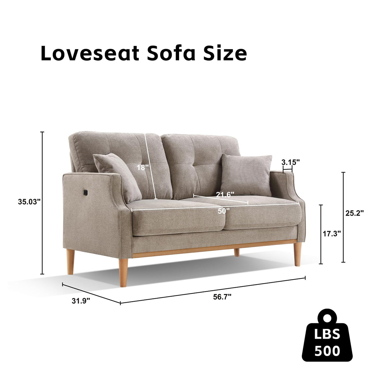 Light Grey Fabric Upholstered 2-Seat Loveseat Sofa with USB Port V19680