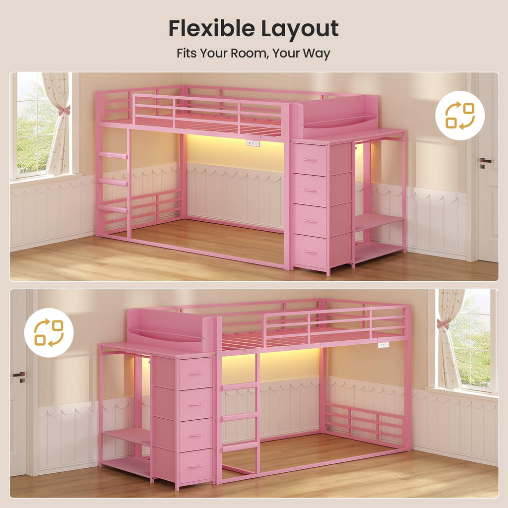 Pink Twin Over Twin Bunk Bed with Bookshelf & Storage Drawer Q121
