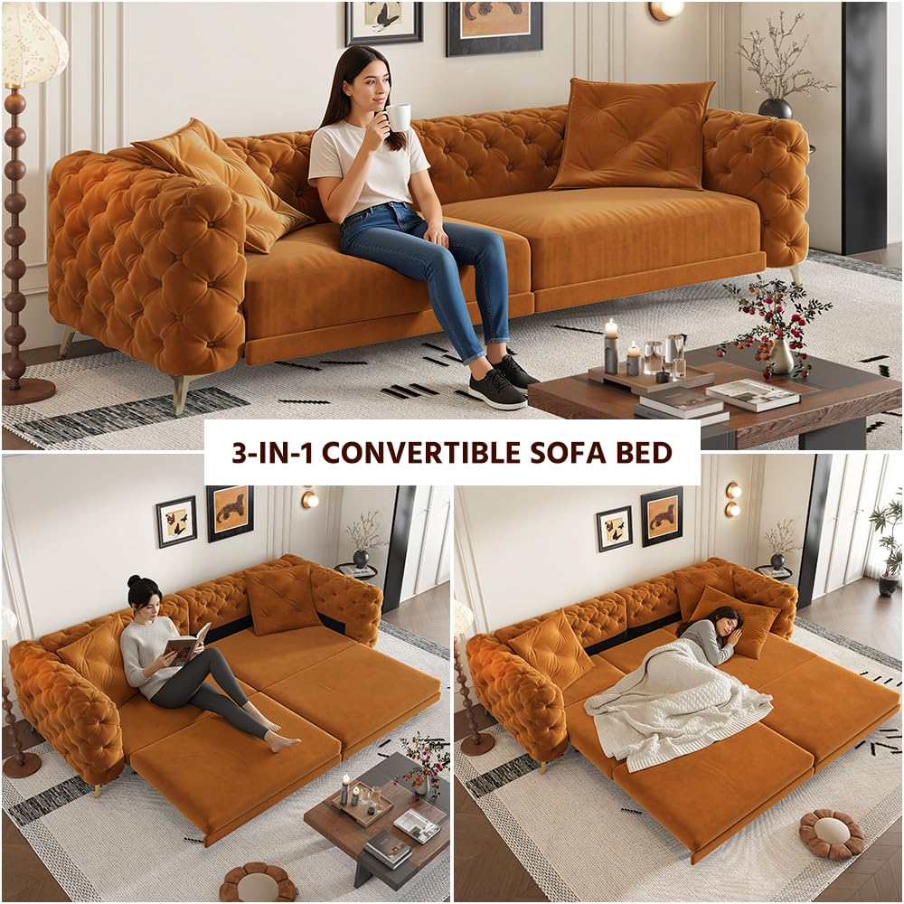 Orange Velvet 3 in 1 Convertible Sleeper Sofa O1314