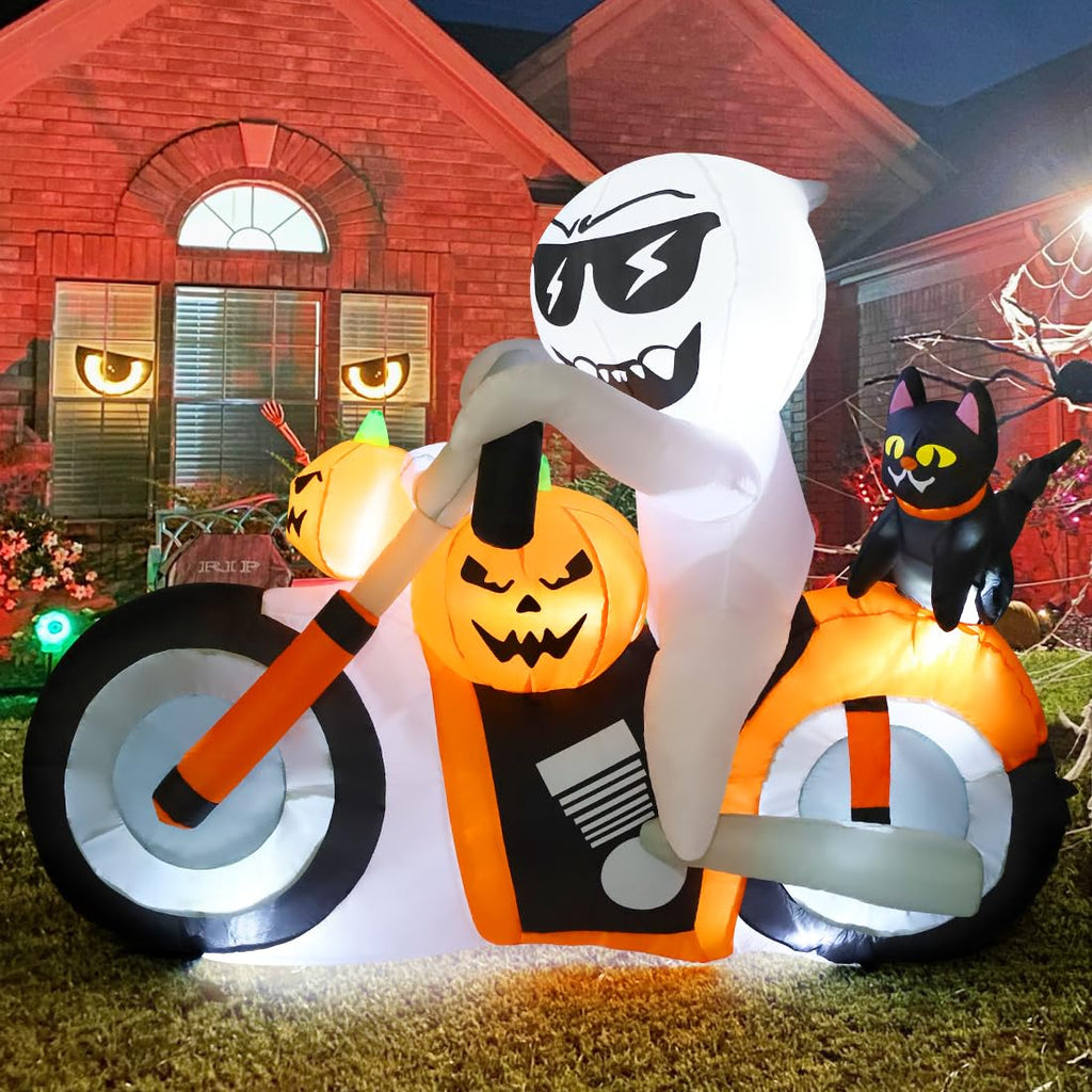 6 FT Halloween Inflatables Ghost Pumpkin Cat Motorcycle with Built-in LEDs J56239