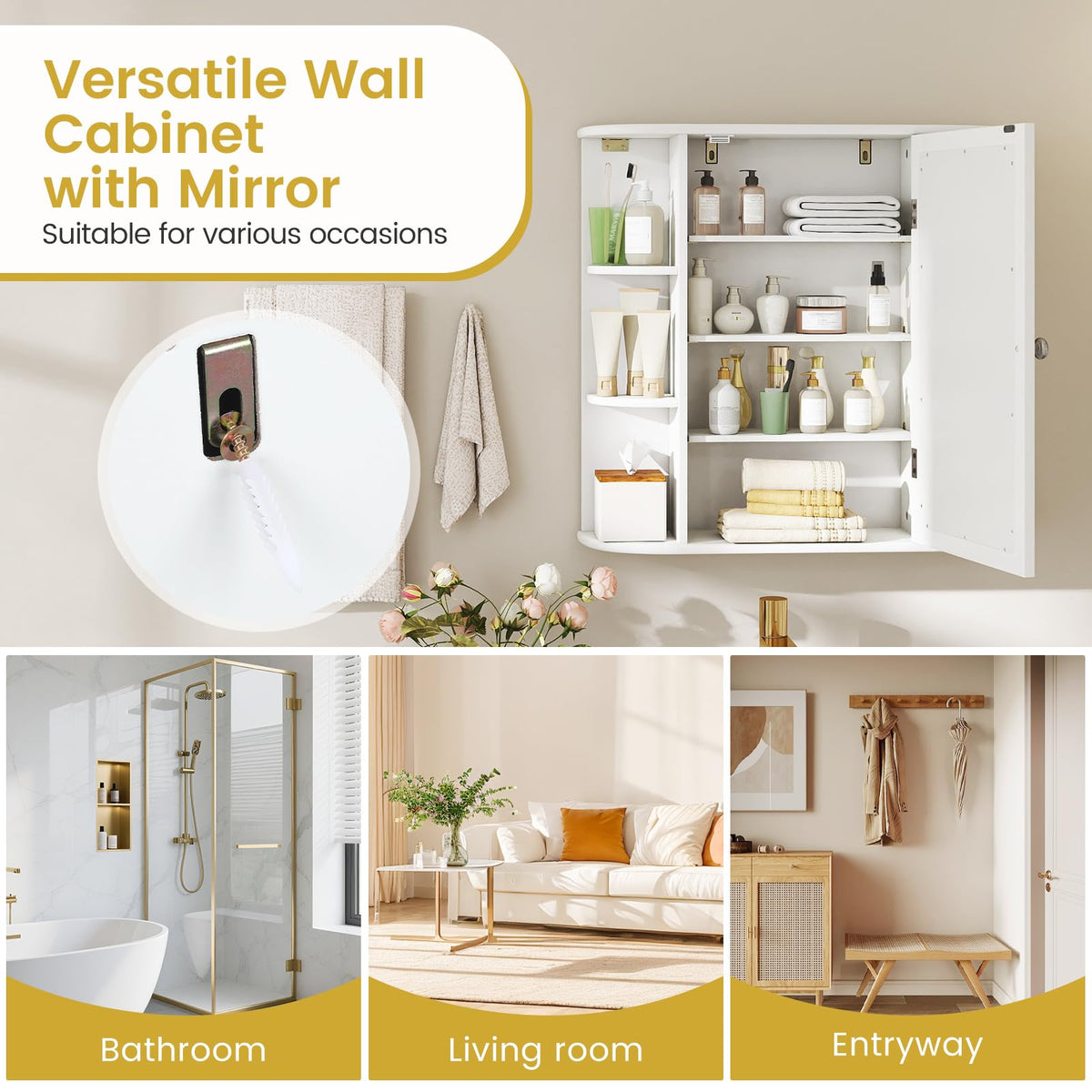 White Wall Mounted Medicine Cabinet with Mirror U984