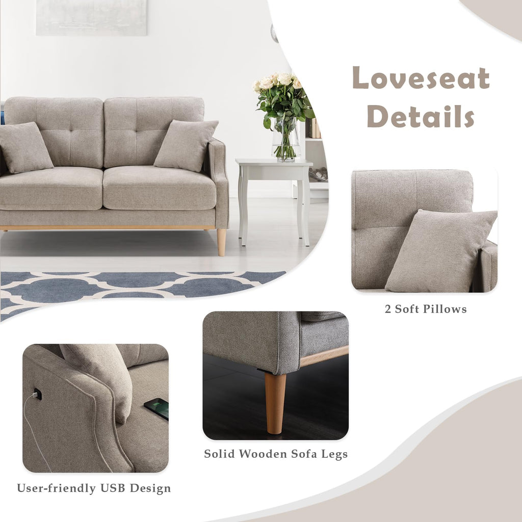 Light Grey Fabric Upholstered 2-Seat Loveseat Sofa with USB Port V19680