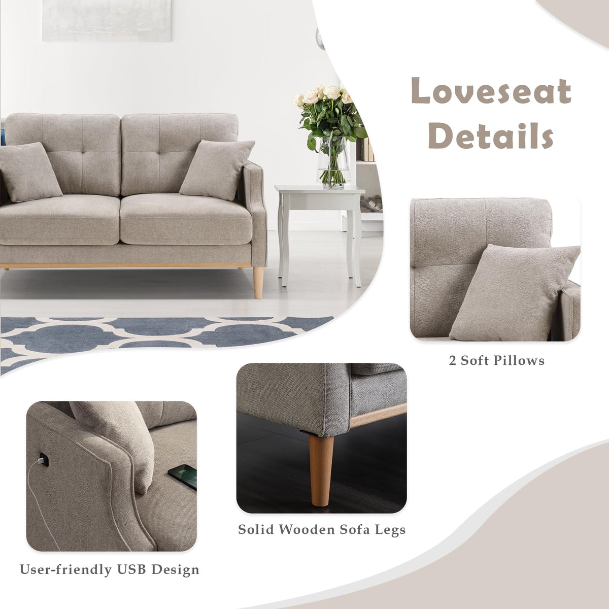 Light Grey Fabric Upholstered 2-Seat Loveseat Sofa with USB Port V19680