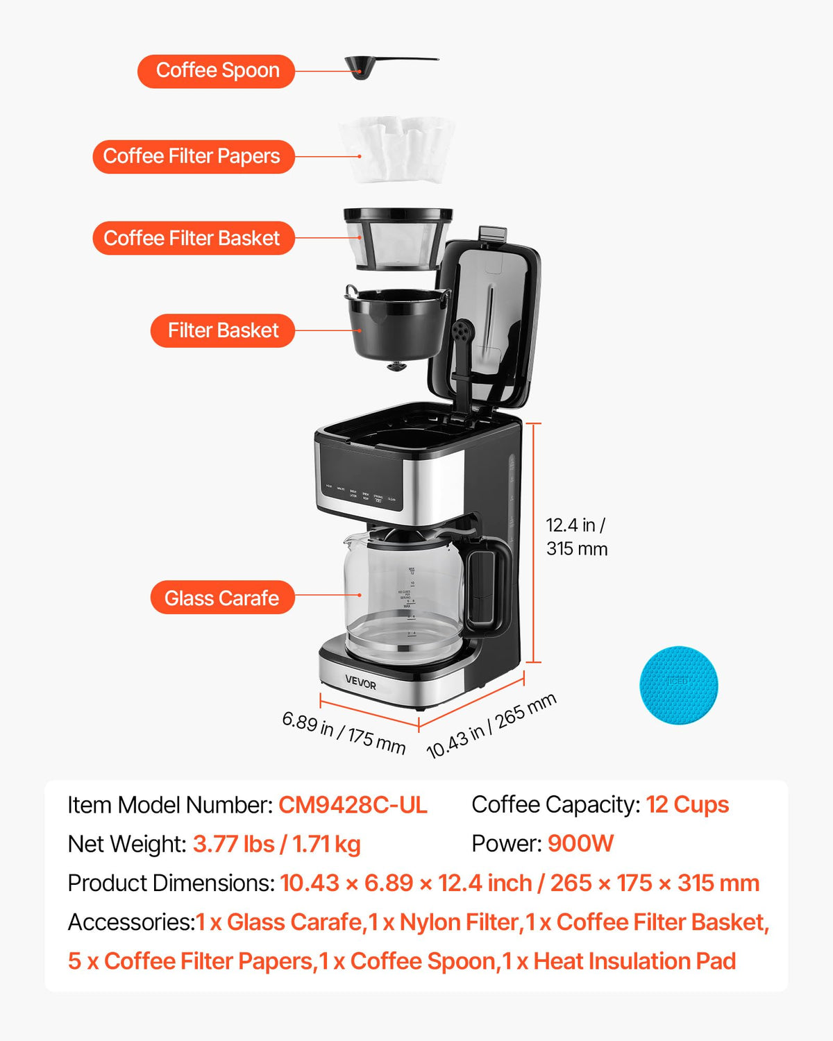 12 Cup Programmable Drip Coffee Maker with Touch Screen O502