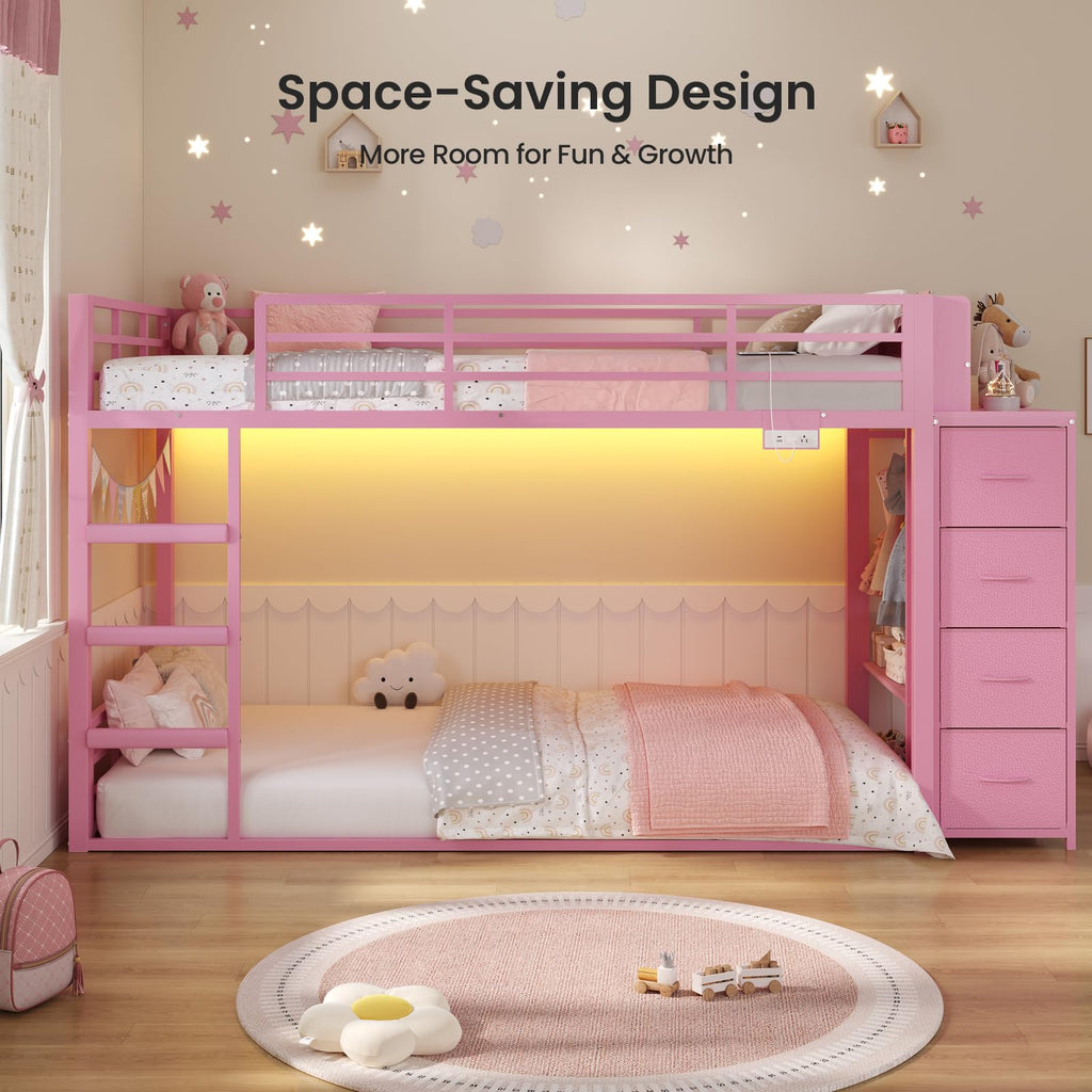 Pink Twin Over Twin Bunk Bed with Bookshelf & Storage Drawer Q121