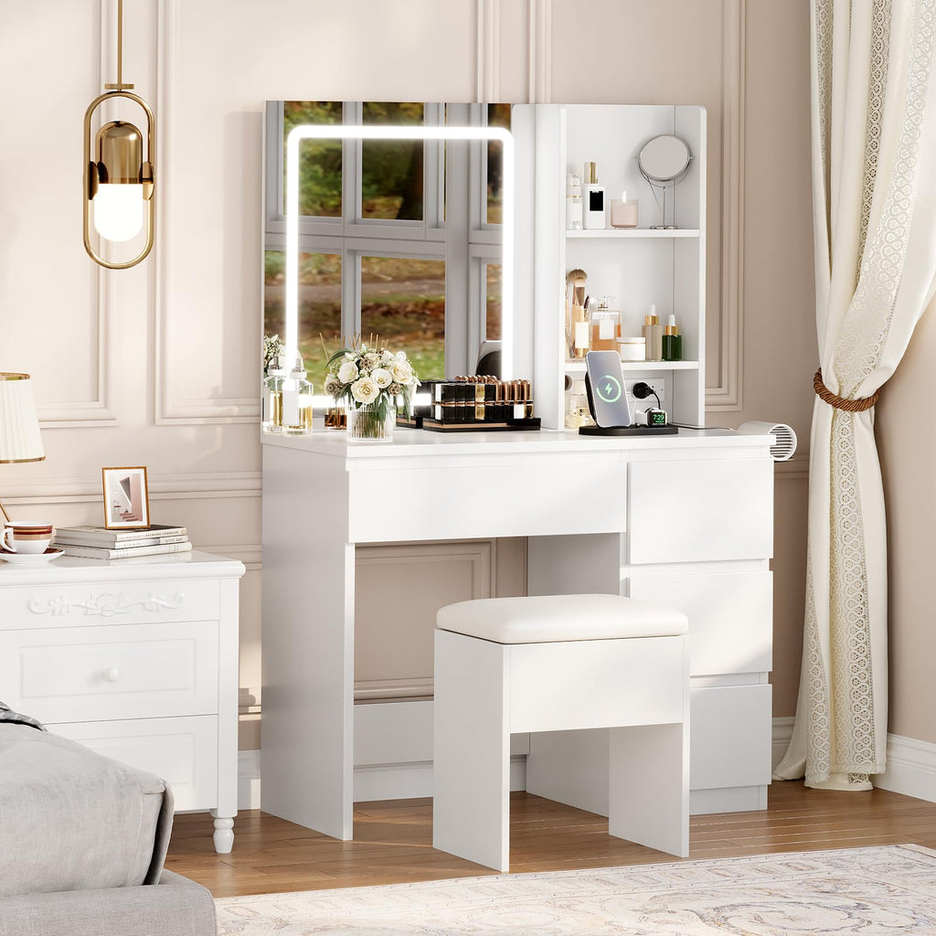 White Vanity Desk with Mirror and LED Light G988470