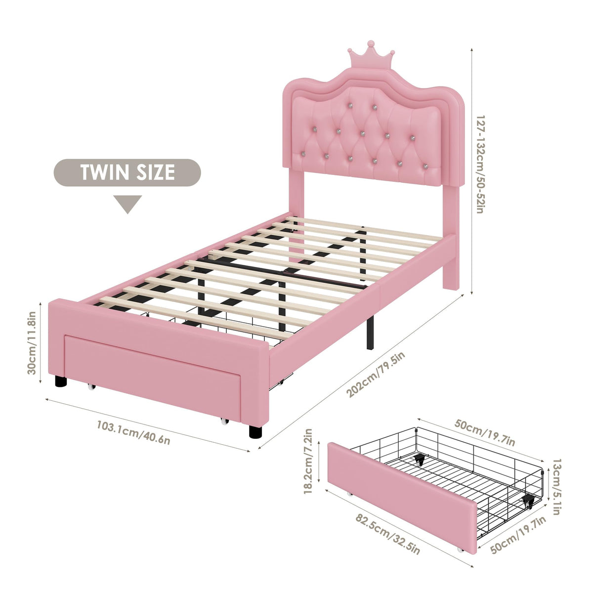 Pink Twin Upholstered Platform Bed Frame with Storage Drawer V500